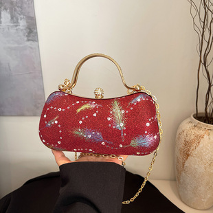 Cross-border Retro Women's Handbag 2025 New Feather Sequin Dinner Bag Shoulder Crossbody Chain Box Bag