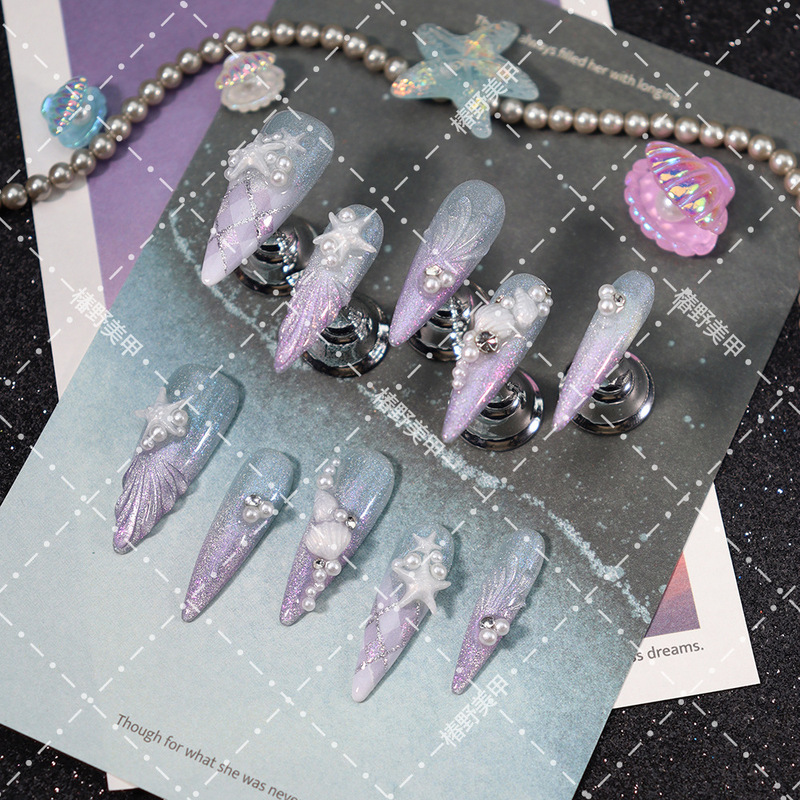 Dreamy Ocean-Themed Glitter Nail Art, Handmade 3D Starfish and Shell Nail Design, Brightening Effect, Removable Fake Nails