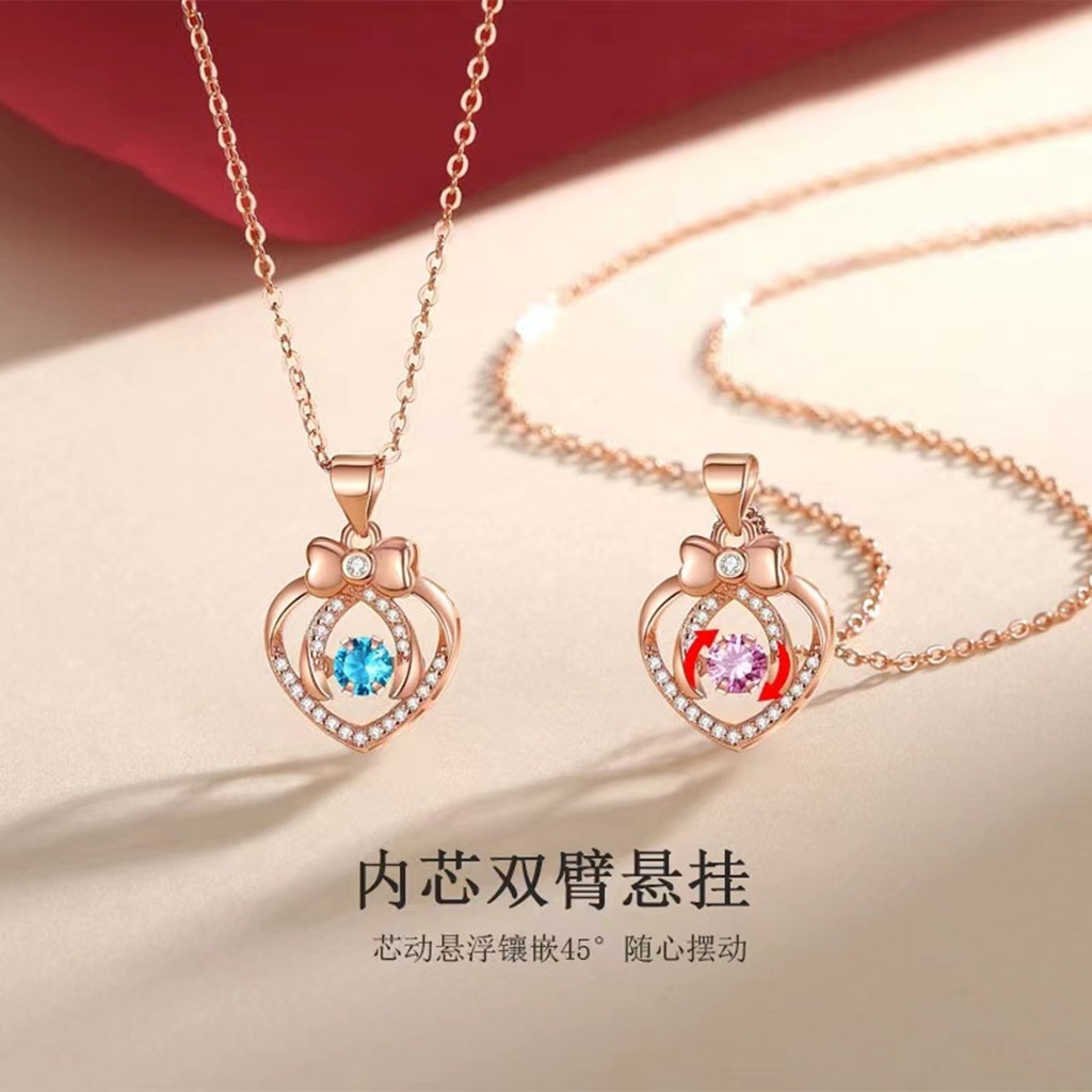 跨境 S925纯银蝴蝶结爱心灵动项链女锁骨链轻奢网红会动的心吊坠
