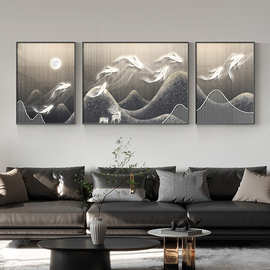 现代轻奢九鱼图客厅装饰画寓意好三联壁画高档大气沙发背景墙挂画