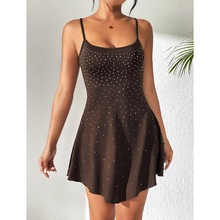 跨境女装烫钻亮片性感吊带连衣裙收腰显瘦A字短裙派对晚礼服28229
