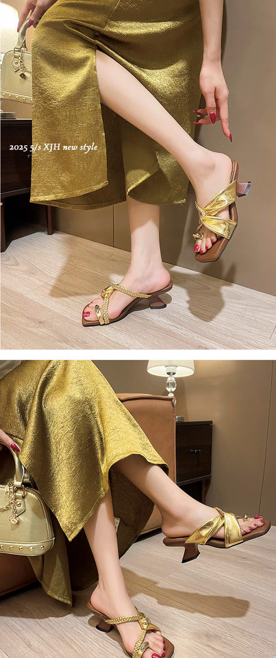 Dép sandal nữ quai hậu gót cao kiểu Pháp cổ điển, mũi vuông, đi chơi và nghỉ dưỡng — Màu kaki, Màu trắng be, Màu vàng chi tiết 9