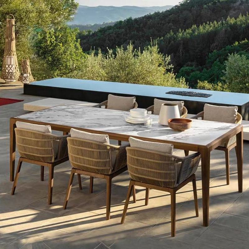 Mesa y silla de teca al aire libre ocio ratán combinación Silla de ratán Villa Hotel Patio larga mesa de comedor sala de sol habitación modelo