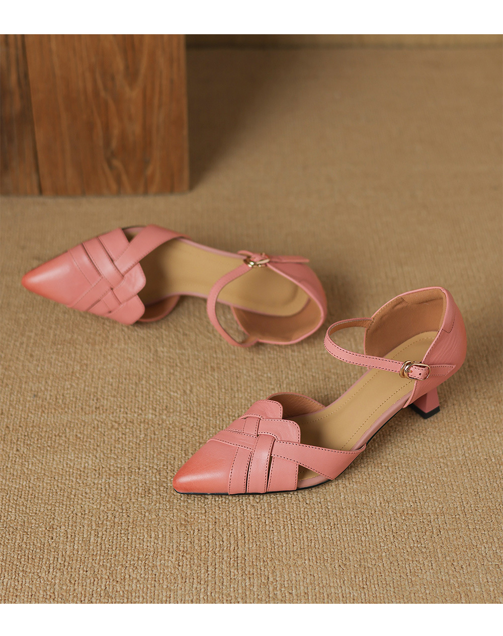 Giày sandal cao gót nữ quai ngang mũi nhọn da cừu gót 5,5 cm — đen chi tiết 21