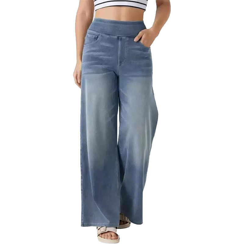 European and American Style Sports Pants, Jeans, High Waist, Elastic Pull-On Wide Legs with Pockets, Amazon Straight