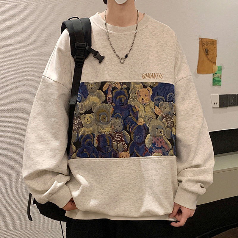 小熊拼接圆领卫衣男生春秋季设计感小众oversize重磅潮牌休闲上衣|undefined