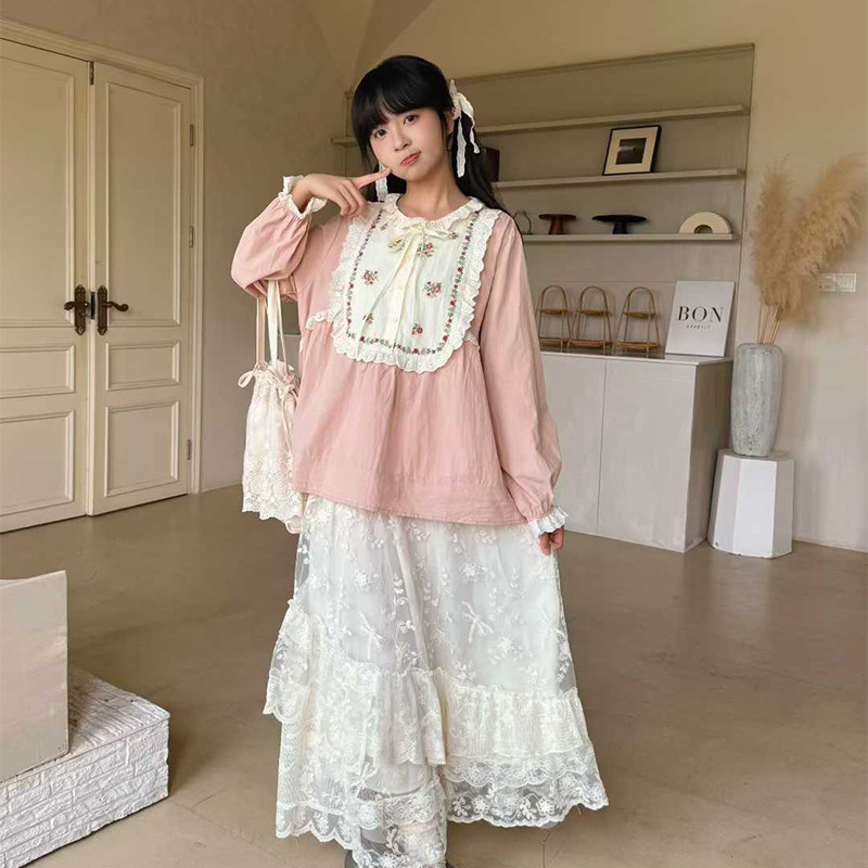 New Design Rose Print Sweet Lace Collar Lace-Up Long-Sleeved Shirt Women's Japanese Literary Slimming Top