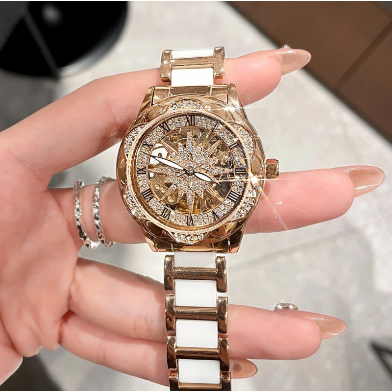 New Sunflower Women's Mechanical Watch Light Luxury Niche Design Fully Automatic Movement Waterproof Diamond-Encrusted Fashion Easiest for Match