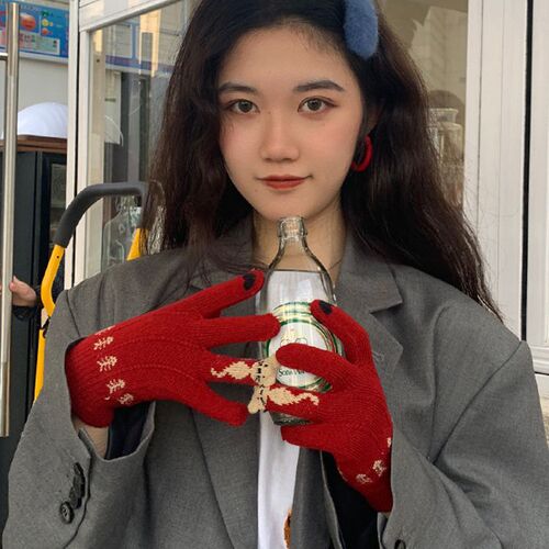 Touchscreen Christmas Red Fingerless Gloves for Women Winter Student Cute Korean Version Thick Fleece Riding Warm Winter Trend