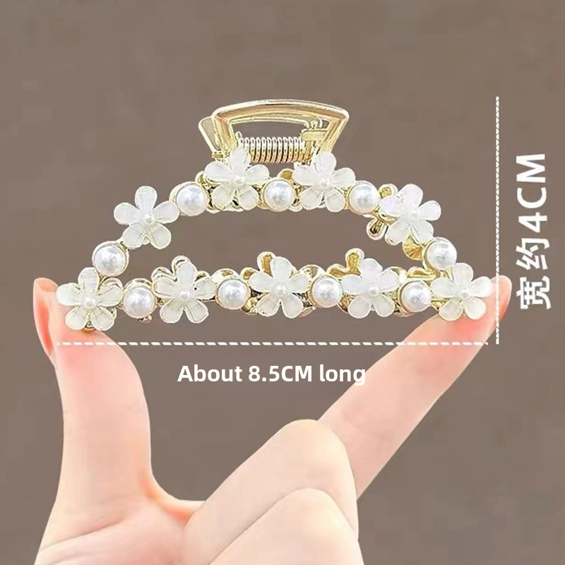 2022 New Flower Medium Grab Clip French Elegant Elegant Hair Clip Net Red Pearl Glaze Metal Hair Grab_voghion.com