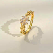 欧美复古微镶锆石四叶草戒指女时尚个性藤蔓缠绕可调节花朵食指戒