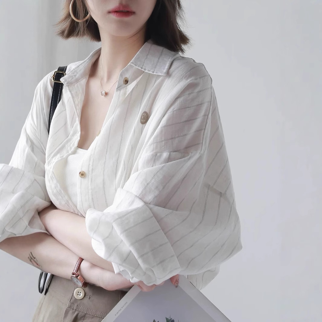春夏宽松薄款防晒衣条纹长袖衬衫女中长古外穿上衣