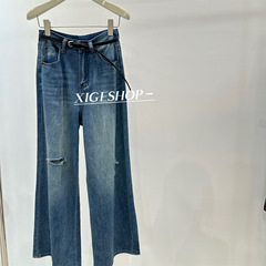 女性用リップドジーンズ 2025 春夏多用途スリムルーズソフトデニム薄いワイドレッグパンツベルト付き