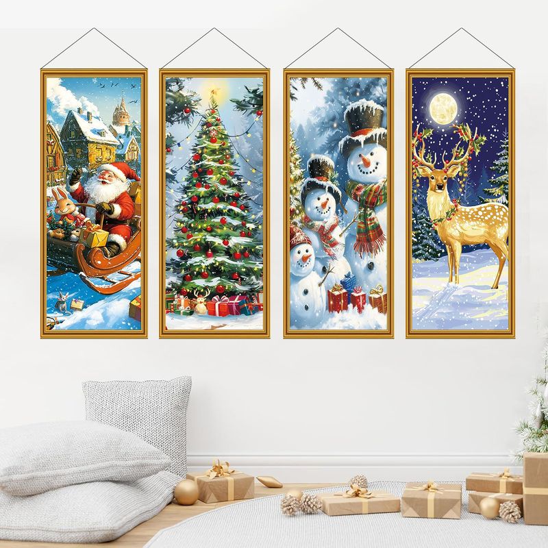 クロスボーダー新型レトロ水彩クリスマス四点セット掛け絵飾り室内屋外掛け旗祝い祝日掛け飾り|undefined