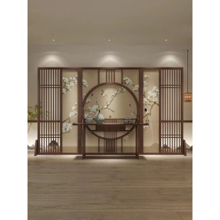 New Chinese-style Solid Wood Round Hollow Fence Screen Partition Hotel Lobby TV Background Wall Flower and Bird Yarn Screen Pattern