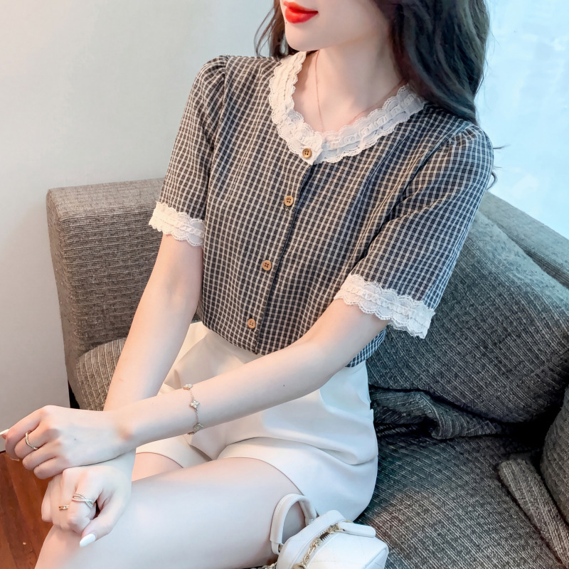2026 Summer New Women's Plaid Chiffon Shirt Women's Short-Sleeved Fashionable Lace Round Neck Thin Top 2026 Summer New Women's Plaid Chiffon Shirt Women's Short-Sleeved Fashionable Lace Round Neck Thin Top