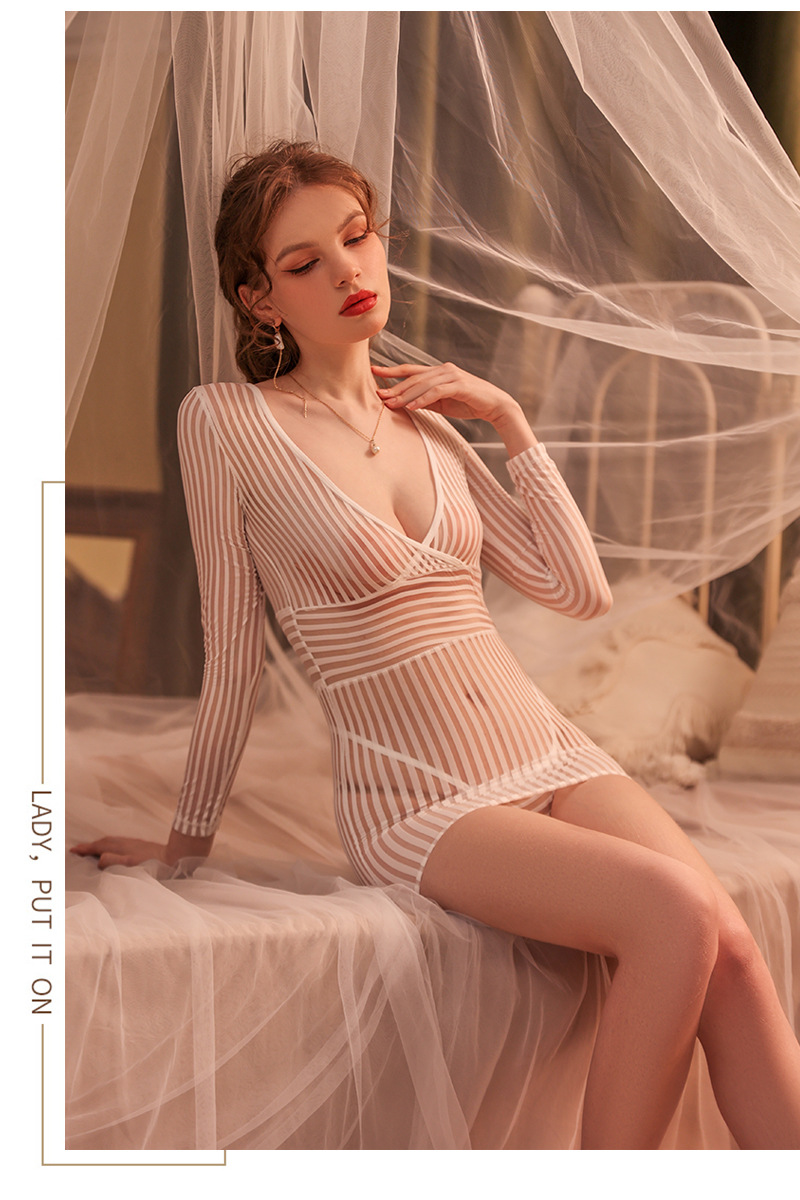 Striped Secretary Roleplay Lingerie Set with Sheer Long-sleeve Top, Mini Skirt and Thong — detail image 18