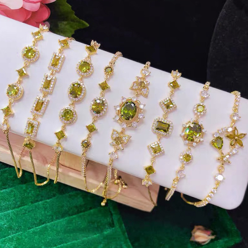 Brilliant Sparkling Olive Green Zircon Bracelet, Light Luxury and High-End Bracelet, European and American Cross-Border Dopamine Fashion Jewelry for Women