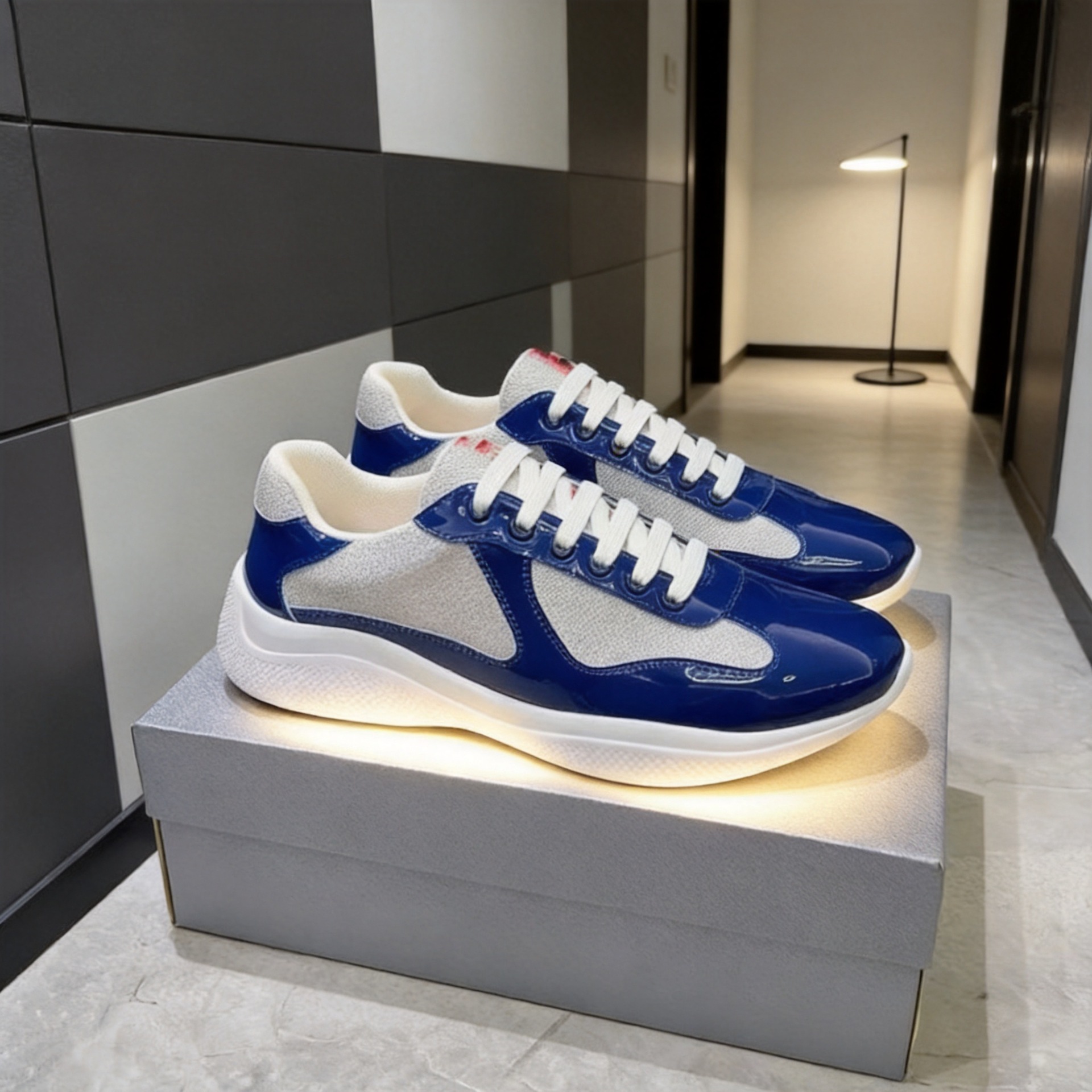 Cross-Border In-Stock Americas Cup Sneakers P Brand Shiny Leather Mesh Breathable Casual Fashion Patent Leather Running Shoes
