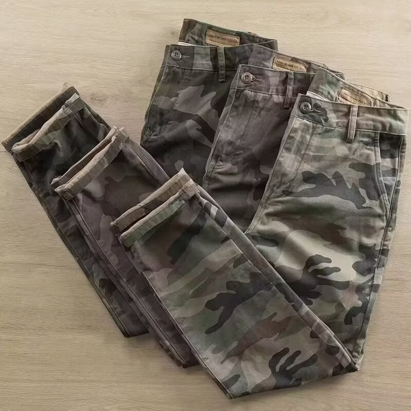 Men's Long Pants Spring Summer All-Cotton Outdoor Cargo Pants Trendy Camouflage Loose Heavy Military Jogger Casual Washed