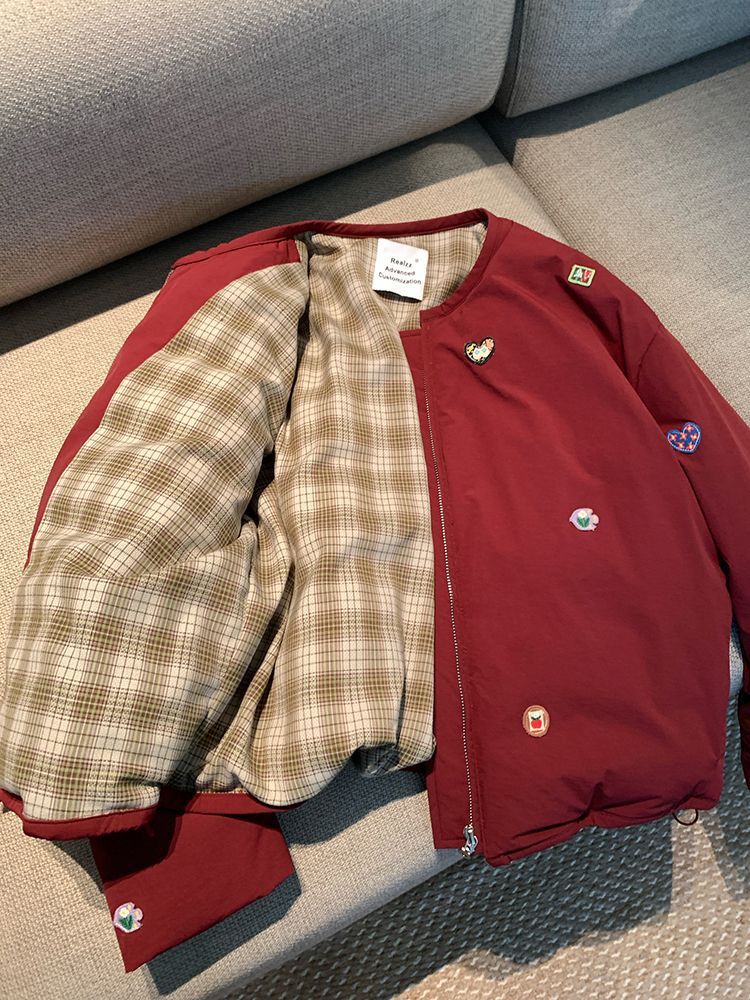 美式感减龄刺绣圆领棉服外套女新款冬季设计感保暖面包服