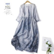 实拍复古棉麻印花圆领七分袖高腰显瘦收腰中长款大摆连衣裙女夏季