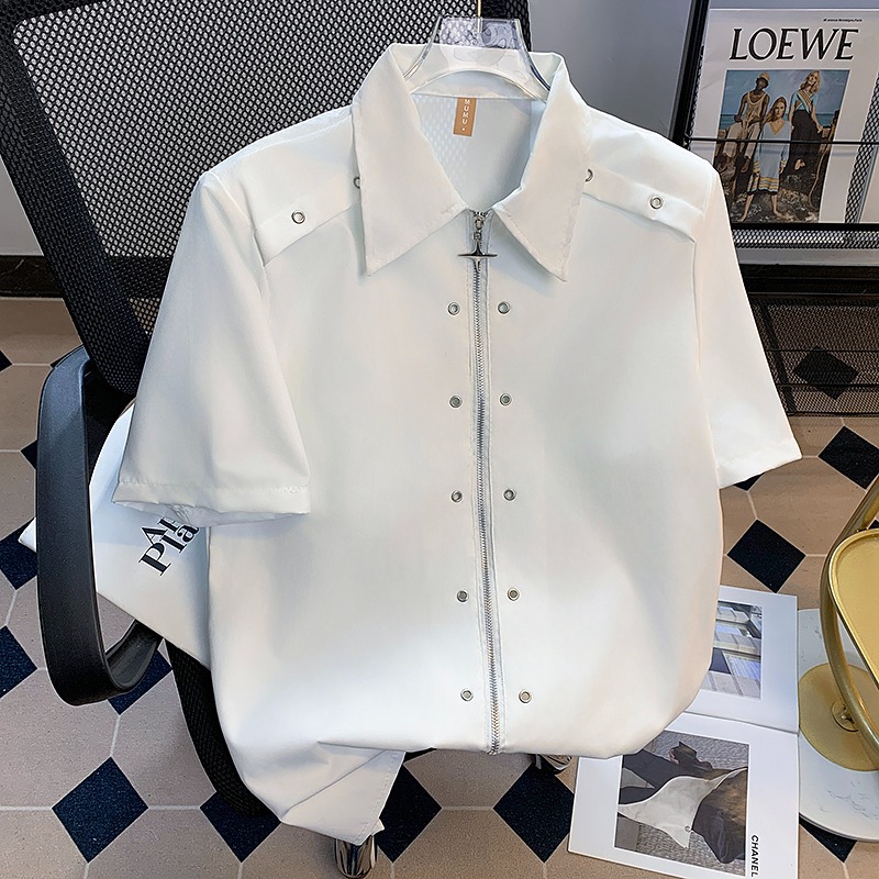 Deconstructed Hierarchical Metal Buckle Design Sense Shoulder Pad Shirt Men's Summer High-end Sense Stopper Handsome Non-ironing Shirt Short-sleeved Trendy