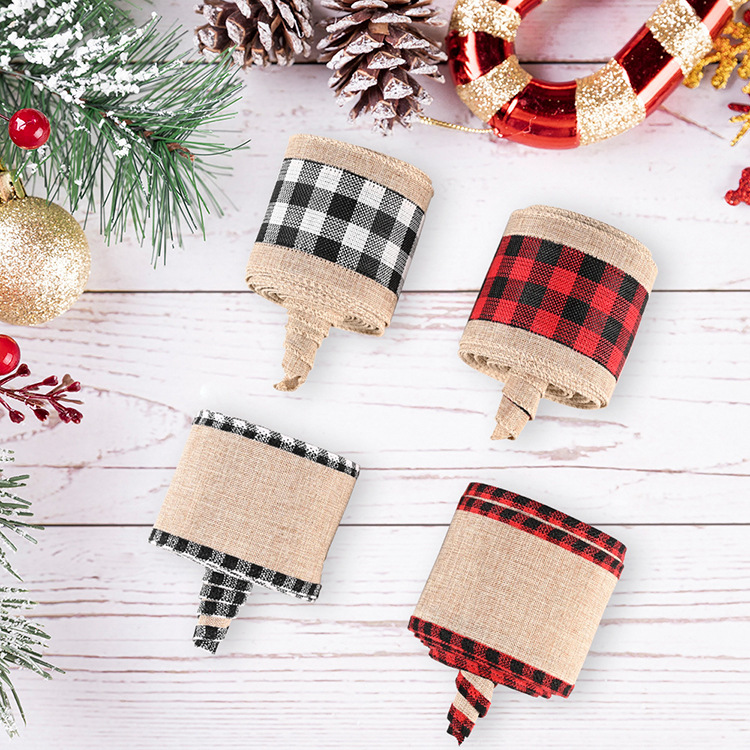 70g Weight Christmas Festival Wholesale Imitation Linen Edging Checked Christmas Decoration Ribbon Nihaojewelry 无