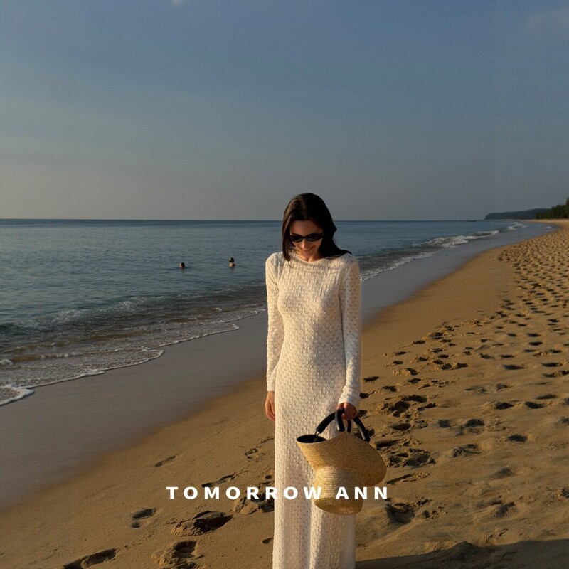 In-Stock Special Price Tomorrowann Tencel Cotton Backless Dress Seaside Hollow-Out Knit Long Dress 12751