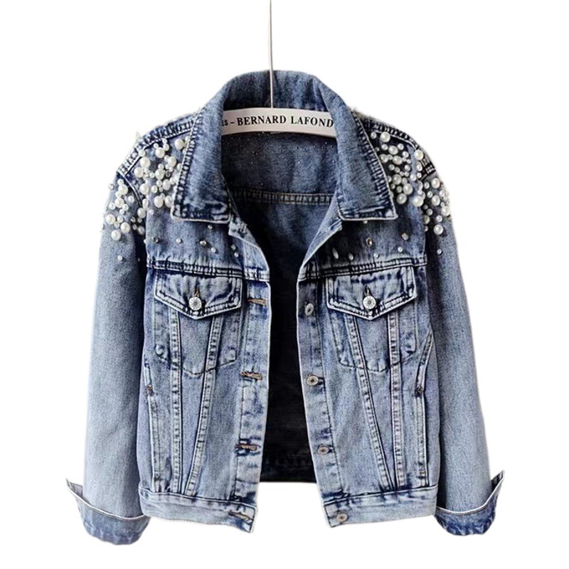 加俊春秋韓国風ファッションカジュアルファッションビーズ付きショート丈デニムジャケットレディース長袖ジャケットベストトップスおしゃれ