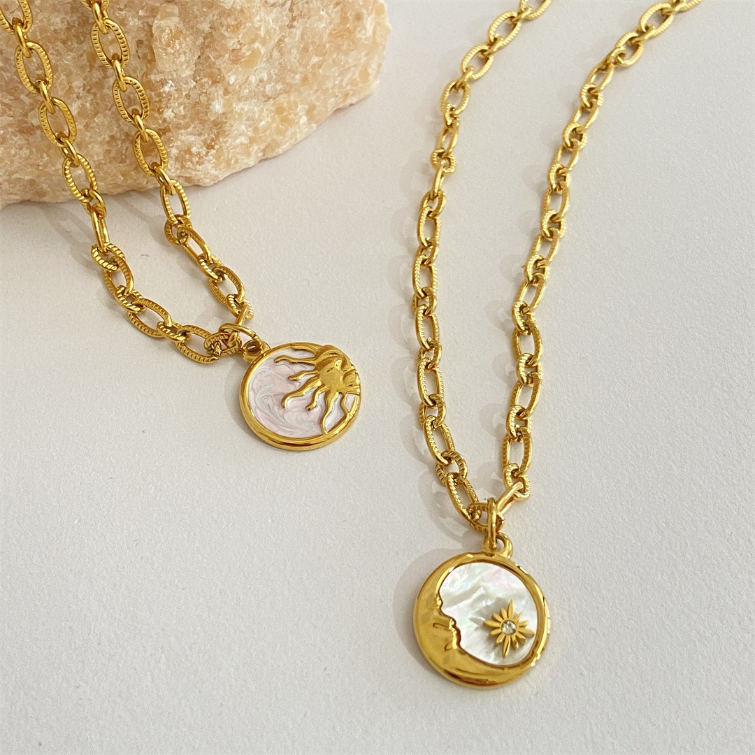 Sun, Star, Moon Pattern Wholesale Jewelry Retro Sun Star Moon Titanium Steel Rhinestones Shell 18K Gold Plated Plating Inlay Pendant Necklace