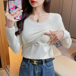 Real-shot slim-fit early spring cotton U-collar nursing long-sleeved T-shirt for postpartum confinement period all-match slimming nursing base coat