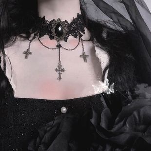 Gothic Style Dark Lolita Lace Cross Punk Disco Clavicle Chain Choker Neck Strap Collar for Women