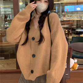 韩系学院风厚实长袖针织开衫上衣秋冬新款复古气质简约毛衣女外套