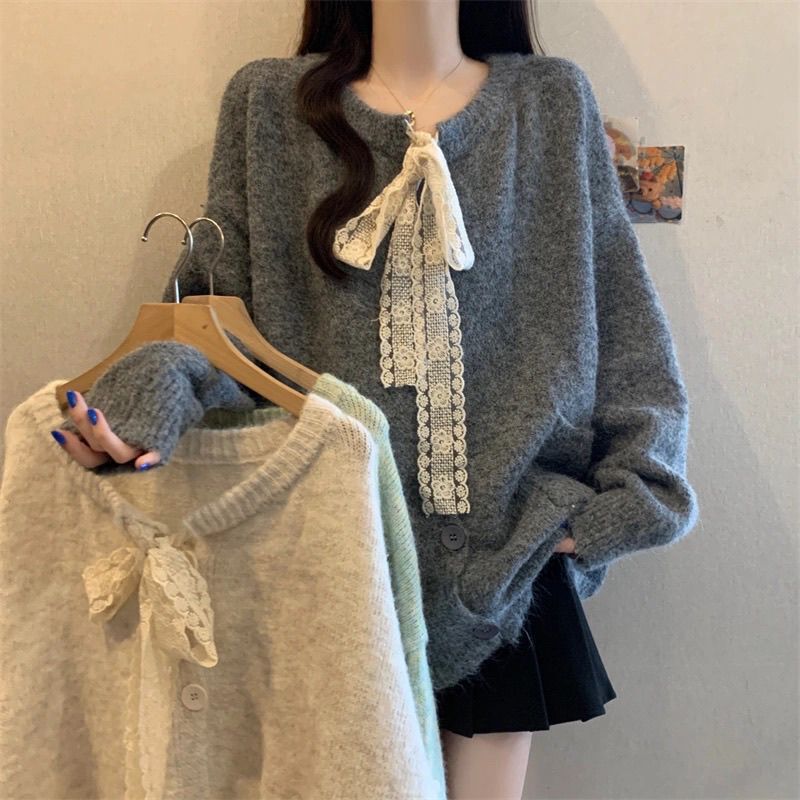Covering the Belly, Lazy Style Lace Splicing Sweater Knitted Cardigan for Women, Autumn and Winter Large Size Fat mm Loose Mid-Length Top
