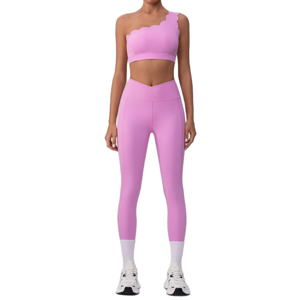 Europa y América de vestir de yoga de cintura alta encaje bra de hombro único chaleco deportivo de hombro para mujeres pantalones de fitness de cintura alta para mujeres