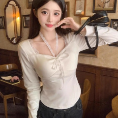纯欲蕾丝边打底衫T恤女装秋冬季新款温柔甜美风挂脖内搭长袖上衣