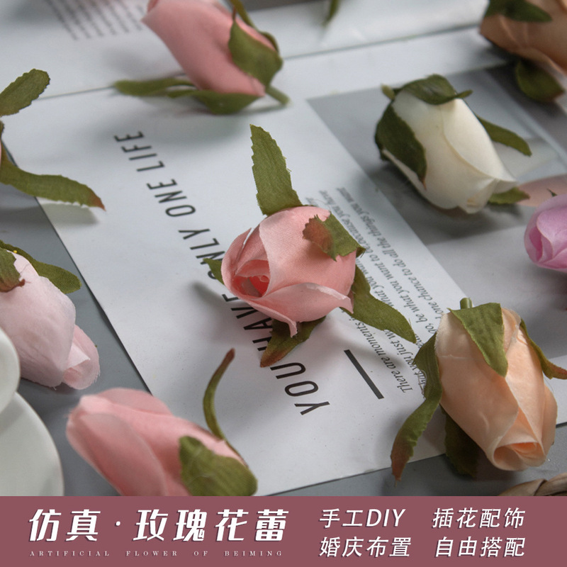 Cross-Border Artificial Rose Buds, Flower Heads, Wedding Silk Flowers, DIY Handmade Clothing and Hat Decoration, Artificial Flowers, Foreign Trade