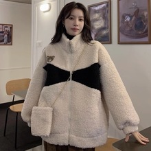 冬季韩版2025新款可爱撞色小熊仿羊羔毛加厚宽松长袖棉衣外套女装