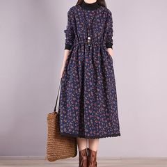 棉麻连衣裙秋冬加绒保暖长袖裙子文艺复古收腰显瘦加厚碎花a字裙
