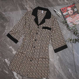 睡裙女夏季冰丝薄款短袖印花衬衫裙网红直播款大码高级感家居服