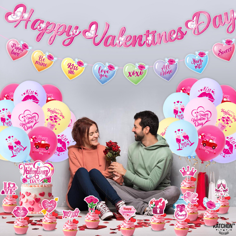 情人节派对装饰 Happy Valentines Day拉旗蛋糕插牌气球场景布置|undefined