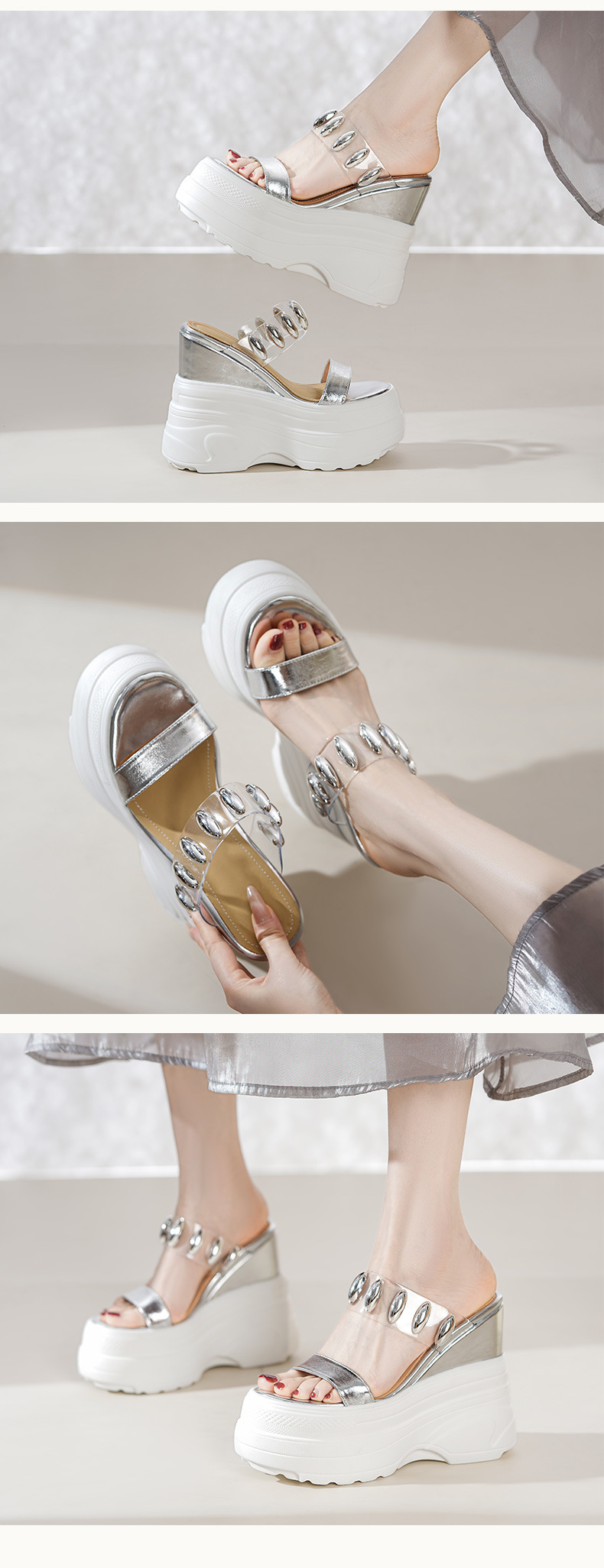 Dép xỏ ngón đế xuồng siêu cao gót 14cm Yichuan – Sandal hè tăng chiều cao — vàng, bạc chi tiết 4