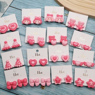 Girls New Barbie Pink Love Bow Fake Earrings Girls Students Cute Pink Bear Anti-Pain Ear Clip
