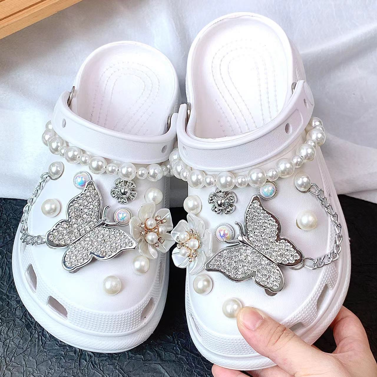 Transfronterizo nuevo agujero accesorios de bricolaje zapato flor zapato hebilla desmontable perla flor plata mariposa traje