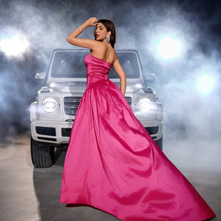 Strapless Ball Gown A-Line Silhouette with Asymmetrical Low Waist, Open Back, Thigh-High Front Slit, and Floor-Length Evening Dress