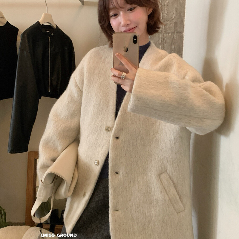 I Miss Korean Standard 2025 Winter High-End Korean Style Loose V Neck down Woolen Outwear Women's Outwear Warm