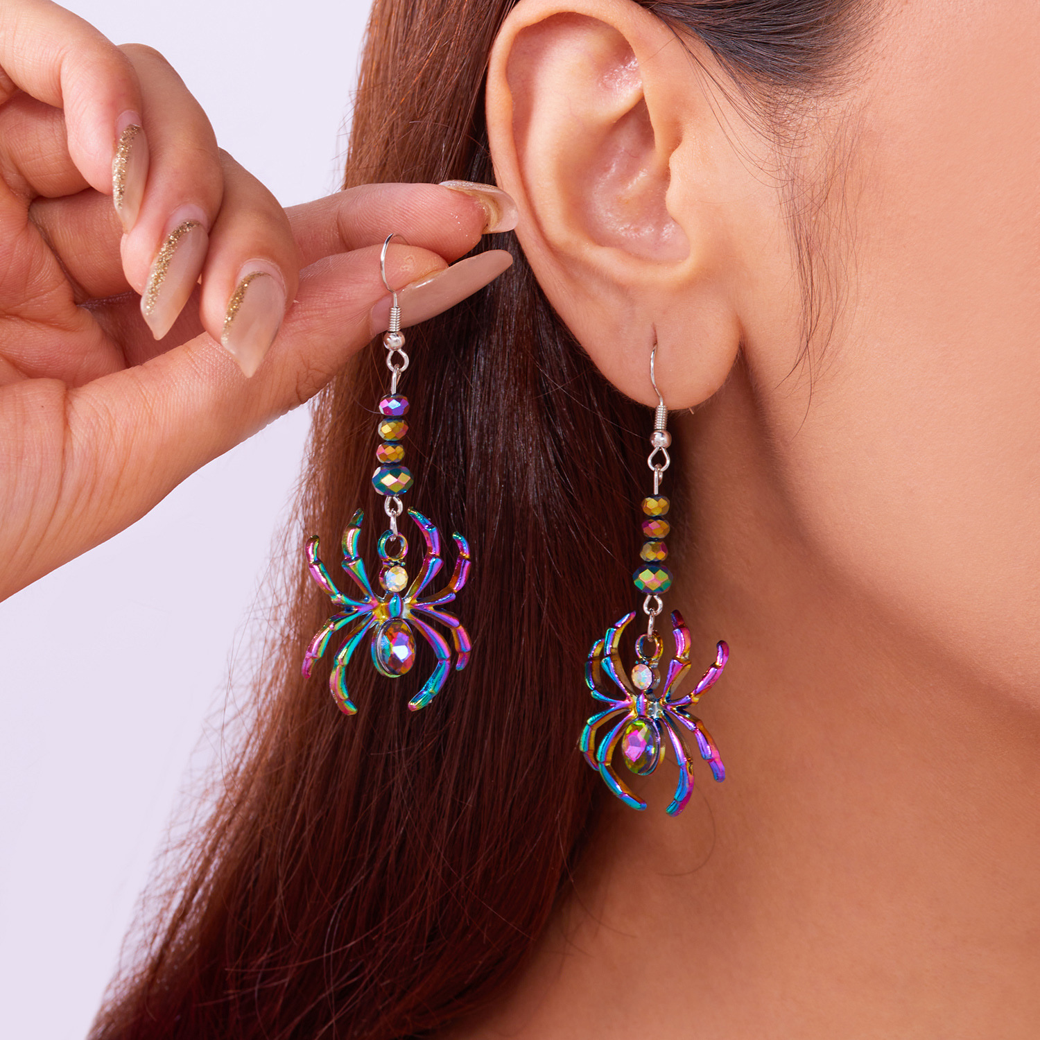 Subtle exaggerated Halloween diamond studded spide, punk style, versatile, colorful and quirky tassel earrings_voghion.com