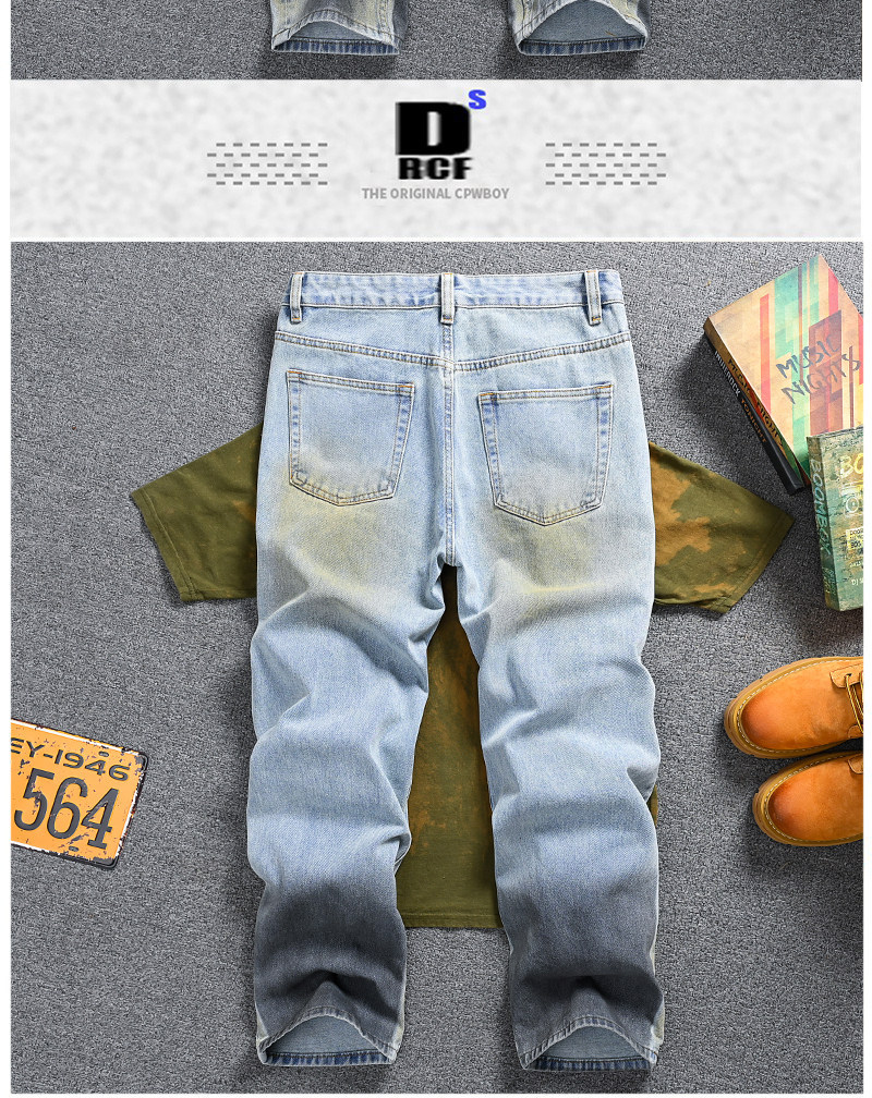 Men's Vintage Washed Jeans - Relaxed Straight-Leg High Street Denim Pants With Wave Crease Design, Light Blue_mkmklike.com