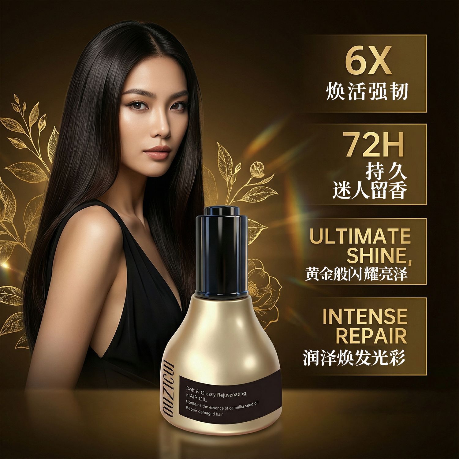 Uzicui botella de oro negro para el cabello, aceite de esencia, escaldado suave, teñido dañado, fragancia seca, pellizco